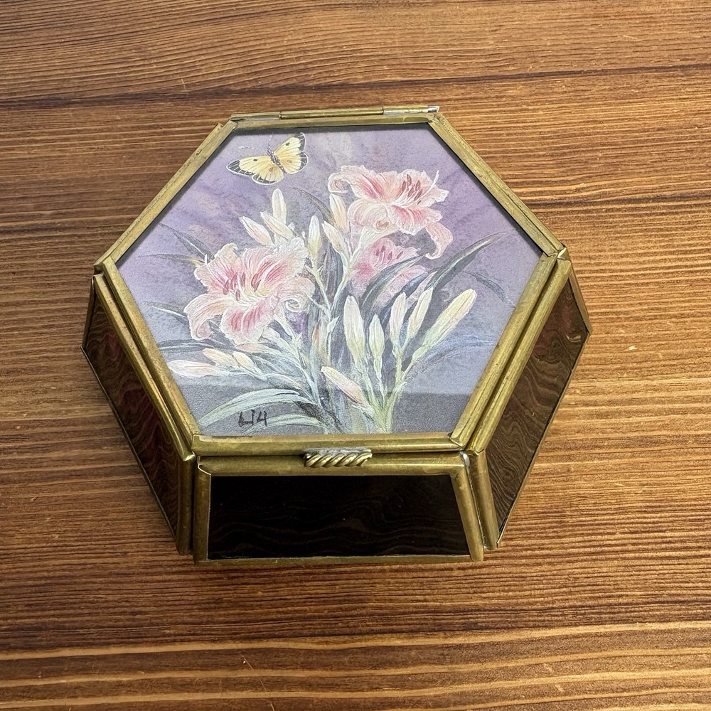Vintage‎ Enesco Arvenco Hexagon Trinket Box Floral Butterfly Mirrored Glass